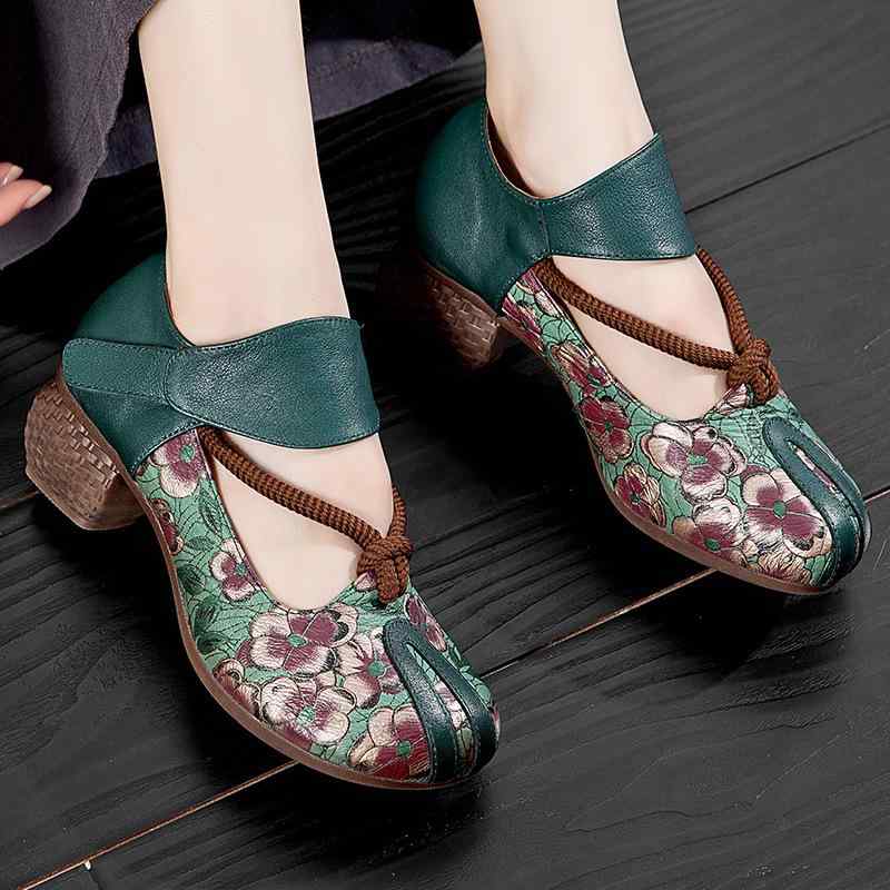 パンプス レディース 本革 豚革 エスニック 中国風 レトロ 花柄 カットアウト 太ヒール チャンキーヒール 安定感 快適 ミドルヒール マジックテープ シーク...