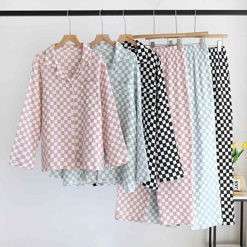 パジャマ メンズ レディース 薄手 軽量 通気性 綿100% クレープコットン 快適 シンプル チェック柄 前開き 襟付き 長袖 ロングパンツ セットアップ 部屋着 ルームウェア ワンマイルウェア 春秋 ピンク グリーン 黒