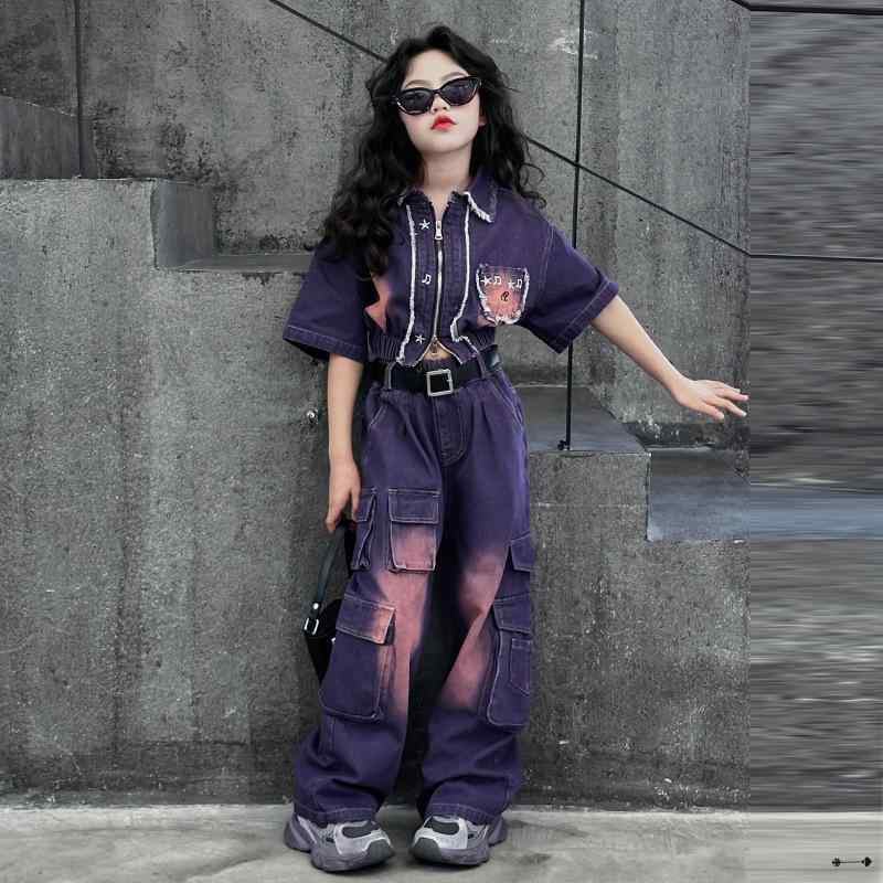デニム セットアップ ガールズ ジュニア 韓国風 ストリートファッション クール アメカジ ジップアップ 薄手 柔らか素材 コットン 上下セット パープル ヴィンテージカラー 着回し抜群 普段着 お出かけ
