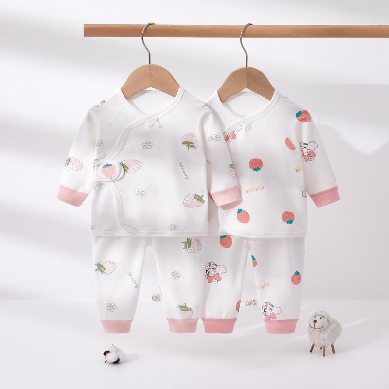ベビー服 新生児 女の子 0-6ヶ月 綿100% あったか やわらか素材 肌触り抜群 上下セパレート 2点セット いちご柄 ルームウェア パジャマ 春秋 A類基準対応