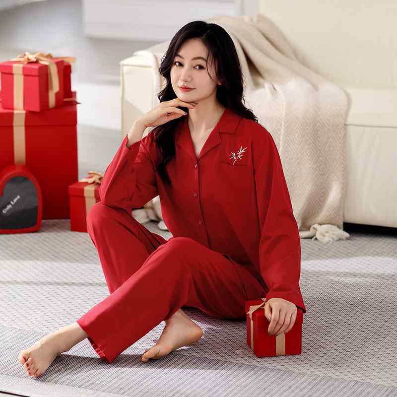パジャマ レディース 長袖 純綿 赤色 Vネック 春秋 中厚手 結婚 新婚 お祝い 快適 リラックス シンプル..
