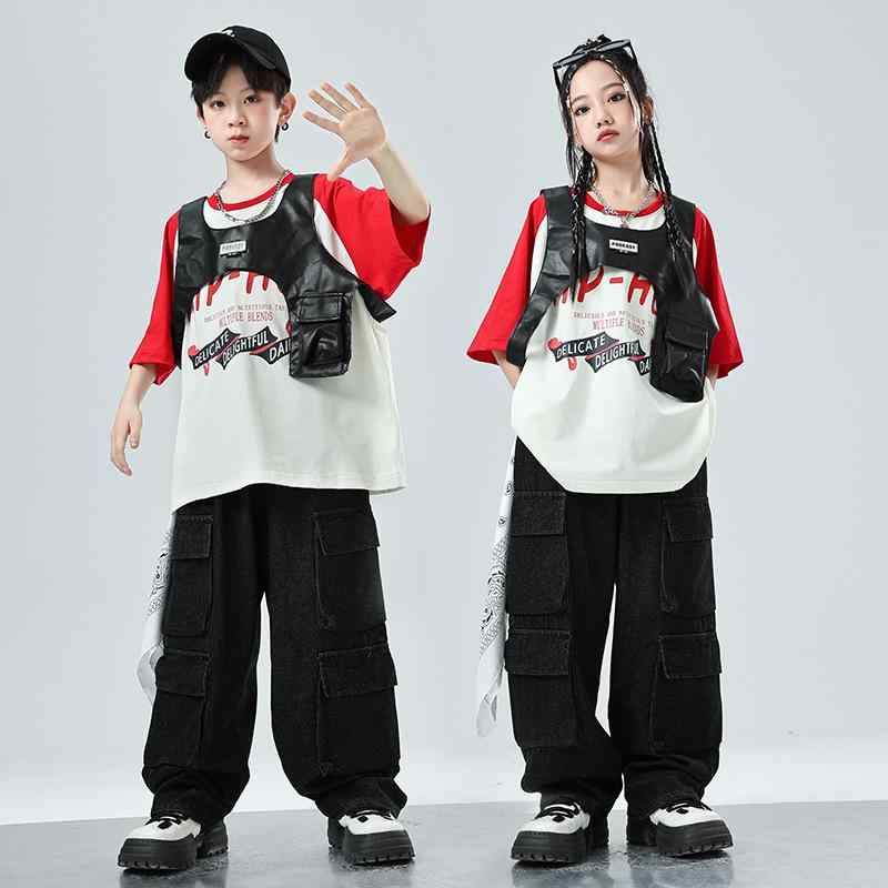キッズダンス衣装 男の子 女の子 ジュニア ヒップホップ ストリート ジャズダンス ベスト 半袖 Tシャツ パンツ セットアップ かっこいい おしゃれ ストリート系 発表会 練習着 舞台衣装 綿混