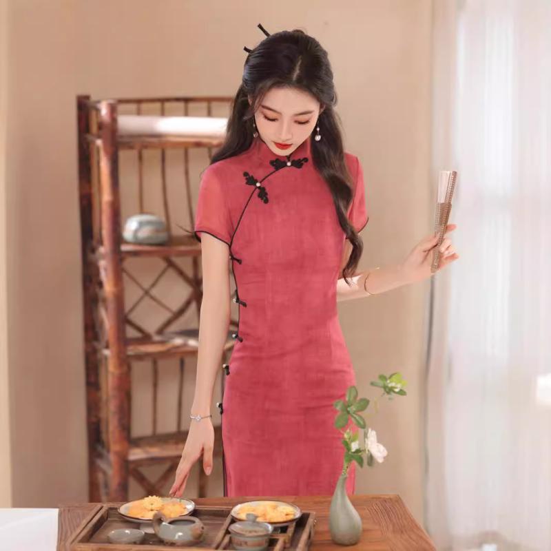 チャイナドレス レディース エレガント 淑女 ジョーゼット ロング丈 半袖 モダンチャイナ 春夏 普段使い ストレッチ シワになりにくい