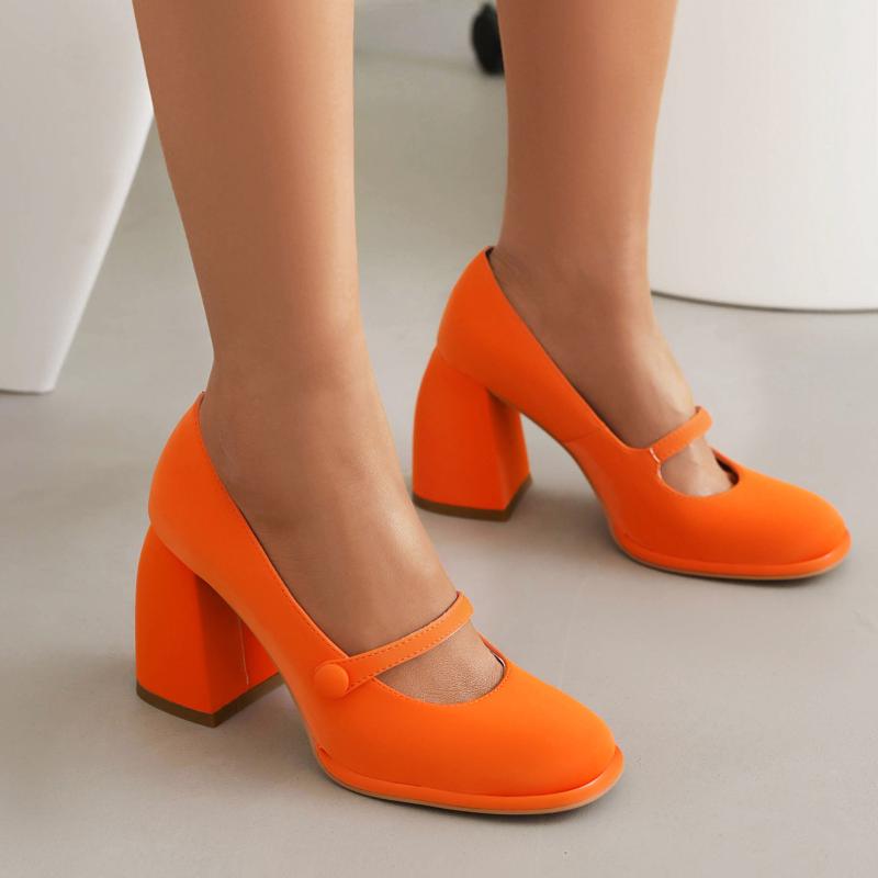 パンプス レディース ラウンドトゥ メリージェーン 太ヒール ハイヒール スリッポン 浅履き 中口 ジェンダーレスデザイン 春秋 PUレザー ゴム底 デイリー ...