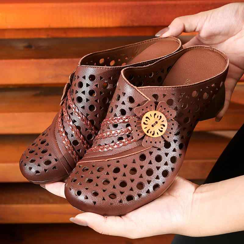 サンダル レディース 女性用 ミセス 通気性 カットワーク ラウンドトゥ 外履き レトロ ヴィンテージ 中..