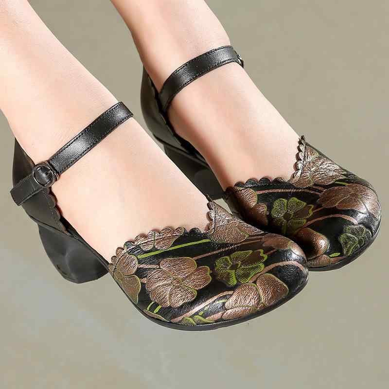 サンダル レディース レトロ 中国風 花柄 プリント ウェーブカット 本革 レザー 豚革 牛革 太ヒール チ..