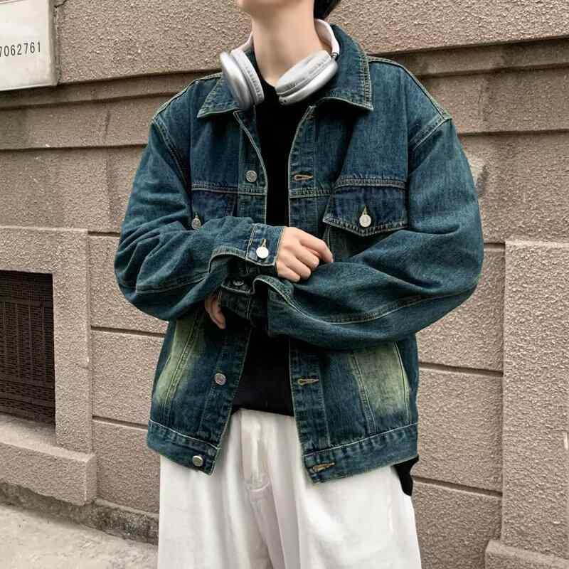 デニムジャケット メンズ 男性用 ウォッシュ加工 アメカジ ストリート ファッション ビッグシルエット ゆったり ルーズフィット コットン アウター 春秋 襟付き レトロ ヴィンテージカラー