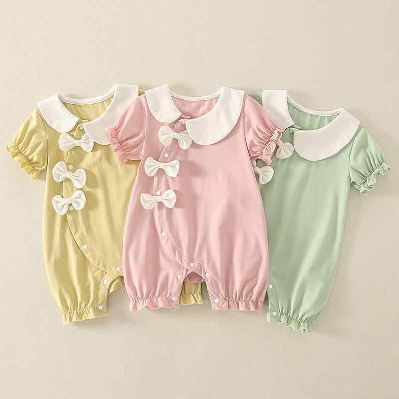 ロンパース カバーオール 新生児 ベビー 女の子 男の子 男女兼用 春夏 薄手 半袖 長丈 アセテート 綿混 肌に優しい 接触冷感 吸湿速乾 お出かけ 普段使い カジュアル A類 淡い色 ピンク イエロー グリーン