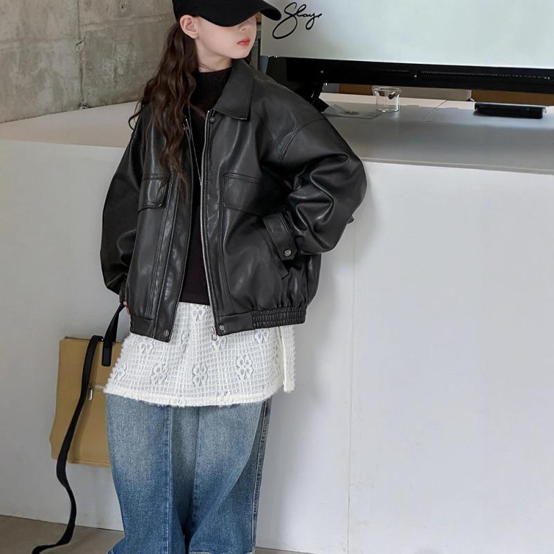 キッズ ガールズ PUレザー ジャケット ゆったり オーバーサイズ 韓国風 春秋 ショート丈 親子コーデ 親子お揃い フェイクレザー アウター ジップアップ 襟付き カジュアル 小学生 中学生 8歳以上