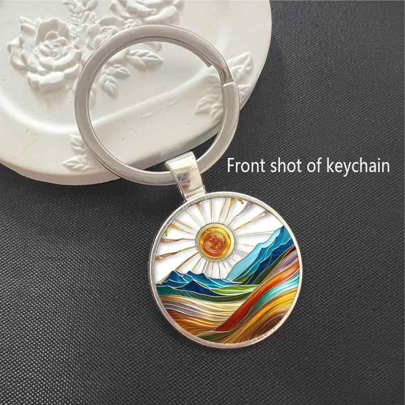 キーホルダー 抽象的な油絵風 海と太陽のデザイン ガラス製 シルバーカラー かわいい おしゃれ ペンダ..