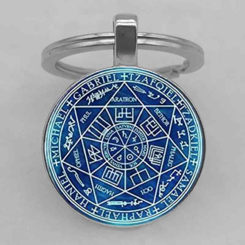 キーホルダー メンズ レディース ガラス製 七芒星 ルーン アルファベット柄 ブルーベース 精巧なデザイ..