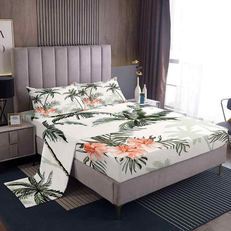 布団カバーセット マイクロファイバー ボタニカル ヤシ柄 ボックスシーツ 4点セット アメリカンスタイ..
