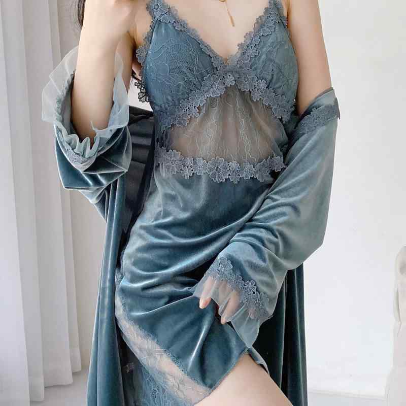 ルームウェア レディース あったか 保温 ベロア 部屋着 秋冬 韓国風 セクシー 長袖ガウン レースキャミ..