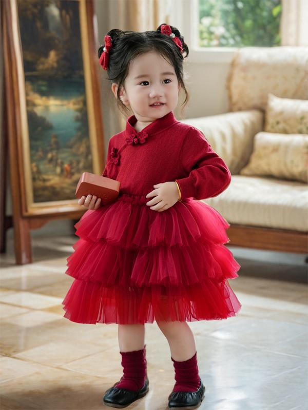 ワンピース 女の子 ベビー キッズ チャイナ風 ニット 切り替え チュール プリンセスドレス 1歳誕生日 礼服 春物 フォーマル ソフト加工 ティアードスカート 綿混 無地 赤色 ベージュ