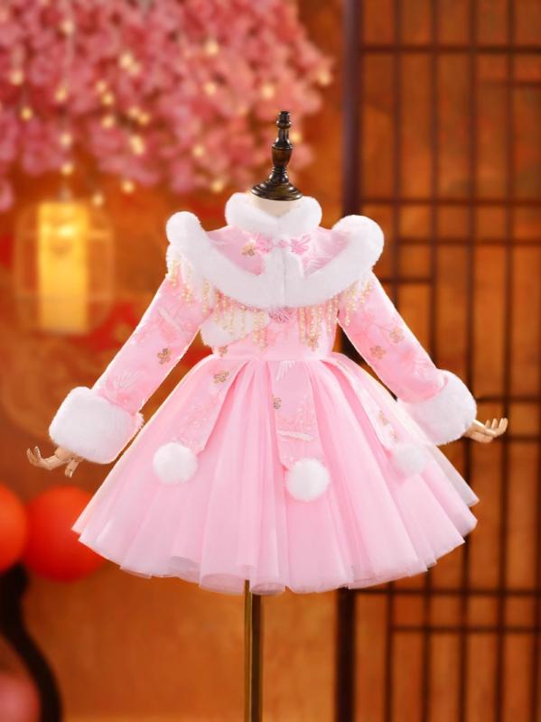 ワンピース キッズ 女の子 子供服 裏起毛 保温 厚手 暖かい チャイナドレス 漢服風 プリンセスドレス 新中華風 唐装 お正月 新年 初詣 お祝い 発表会 七五三 フォーマル ポリエステル 無地 かわいい ピンク レッド