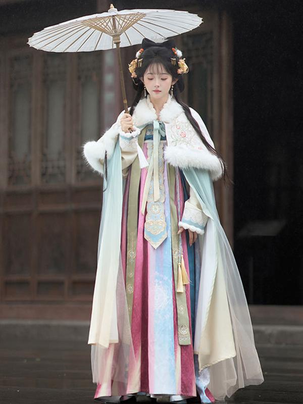 漢服 レディース 秋冬 保温 防寒 厚手 あったか オリジナル 唐様式 豪華刺繍 ケープ ポンチョ トップス 斉胸八破ロングスカート フレアスカート ポリエステル セットアップ 衣装