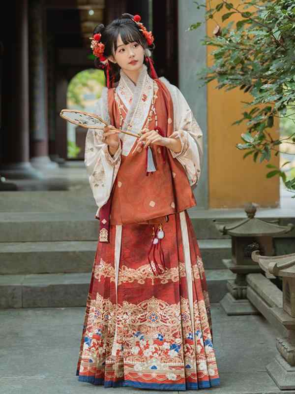 漢服 レディース 秋冬 防寒 刺繡 オリジナルデザイン 明朝風 交襟上着 馬面スカート 幾何学模様 直袖 普段使い 新年 イベント ポリエステル製