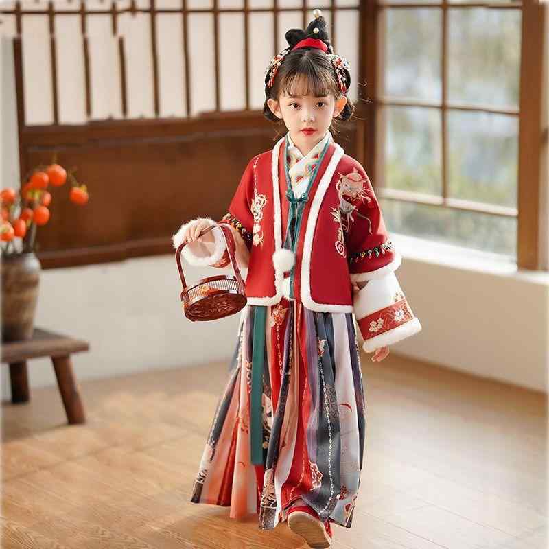 Other - 漢服 キッズ 女の子 中華風 プリンセス 古装 民族衣装 チャイナドレス 唐装 お正月 新年 挨拶服 3点セット 神鹿柄 厚手 暖かい 裏起毛 柔らかい シェニール素材 伸縮性 エレガント セットアップ