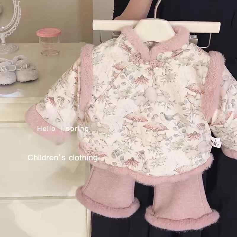 Occidental Goods - チャイナドレス 女の子 キッズ ベビー 赤ちゃん 裏起毛 あったか 厚手 中華風 唐装 漢服 2点セット 上下セット パンツセット 1歳 誕生日 祝い着 お正月 晴れ着 かわいい うさぎ柄