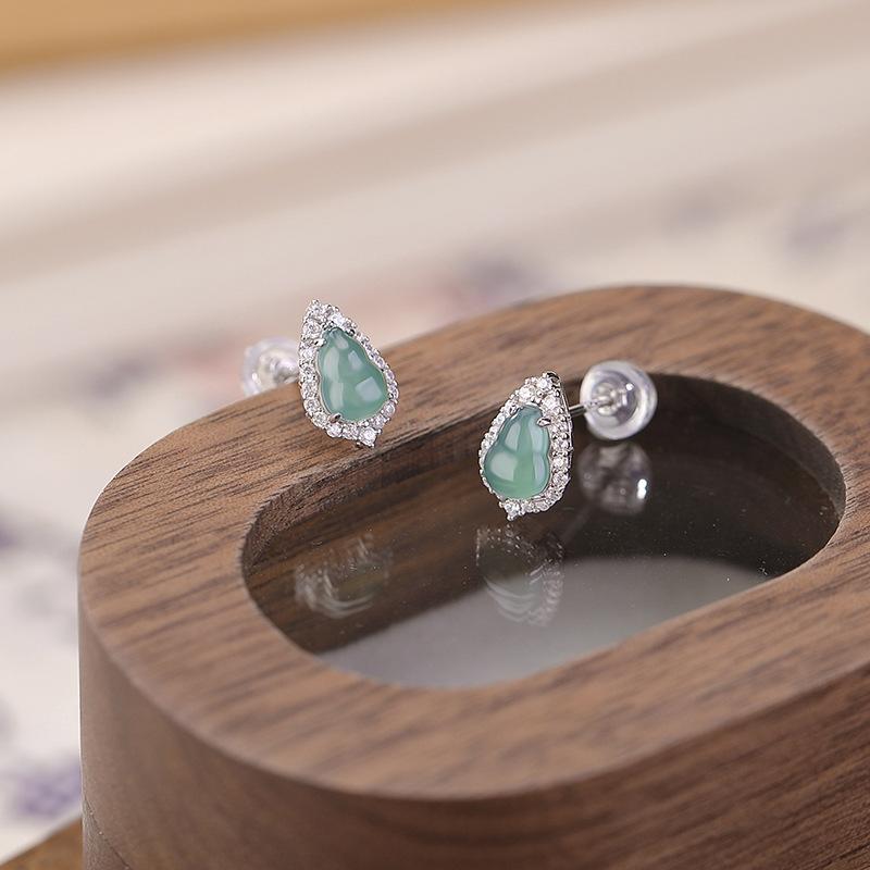 ピアス レディース S925純銀 青翡翠 レトロ 和風 福禄 ひょうたん 植物モチーフ 上品 万能 普段使い 個性的 大人可愛い おしゃれ 耳飾り アクセサリー(4.0)