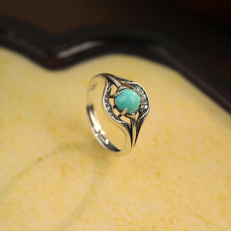 指輪 レディース 女性用 S925シルバー ターコイズ 開口 調節可能 レトロ アンティーク 中国風 いぶし加工 タイシルバー スクエア 幾何学模様 ウェーブ チェーン 宝石付き(4)