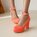 パンプス レディース かわいい リボン バックルストラップ 6-8cm太ヒール 厚底 ラウンドトゥ 浅履き スエード調 春秋 大きいサイズ 小さいサイズ対応