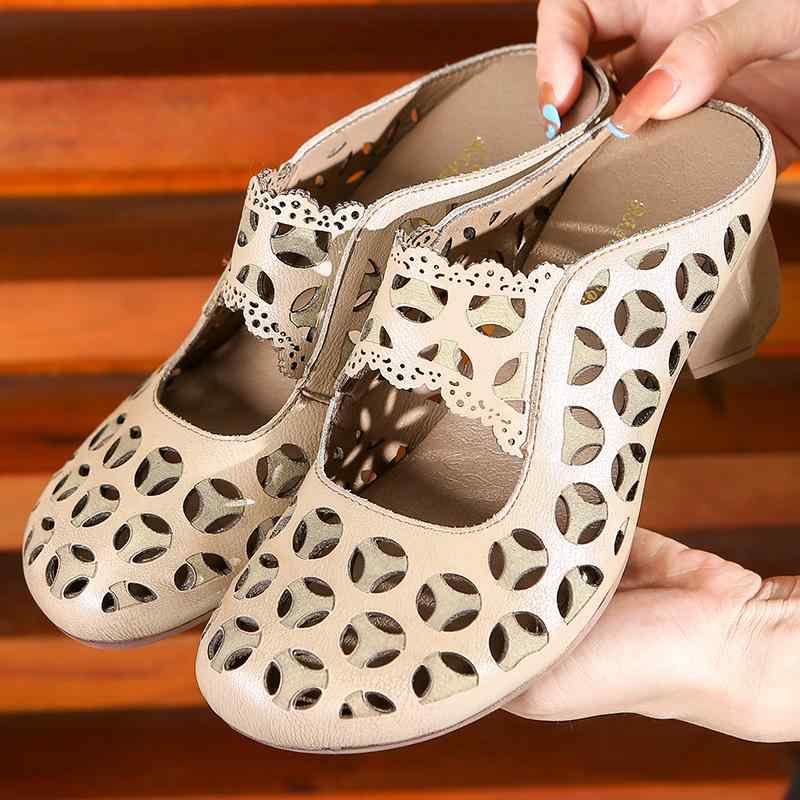 サンダル レディース 本革 快適 ラウンドトゥ 中国風 民族風 エスニック 透かし彫り 太ヒール ラバーソ..