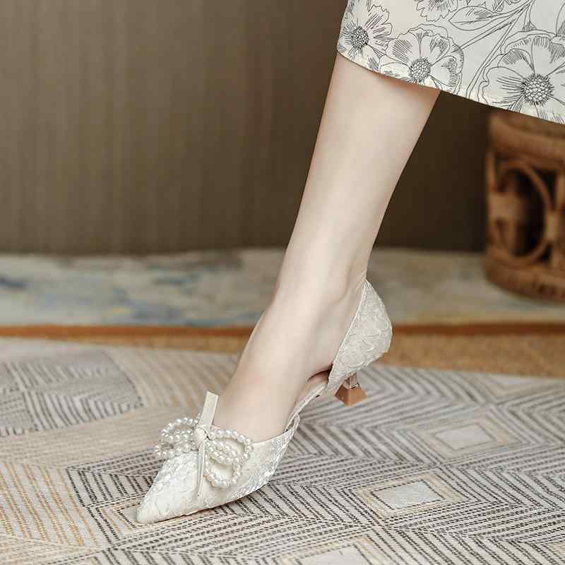 ミュール レディース 女性用 パール ポインテッドトゥ ピンヒール ミドルヒール エレガント 夏 カット..