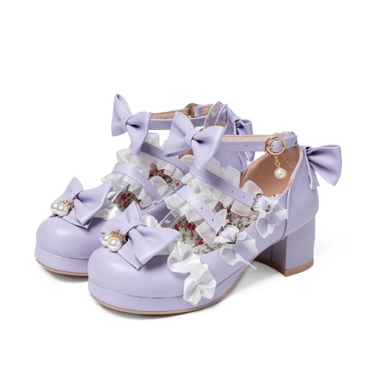 パンプス レディース ラウンドトゥ レース 蝶結び ストラップ チャンキーヒール ミドルヒール ロリータ風 かわいい ガーリー 学生風 合成皮革 春夏