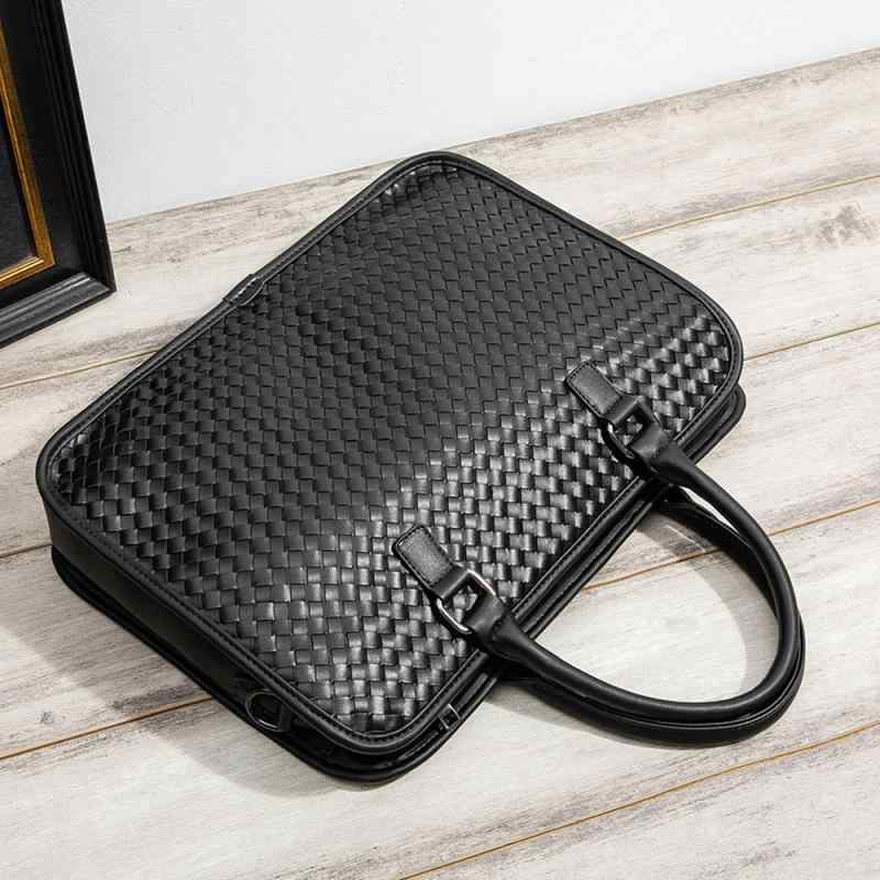 ビジネスバッグ メンズ 編み込み 手提げ 横型 ショルダーバッグ 斜め掛け 2way ブリーフケース 書類鞄 通勤用 A4対応 シンプル PUレザー ブラック