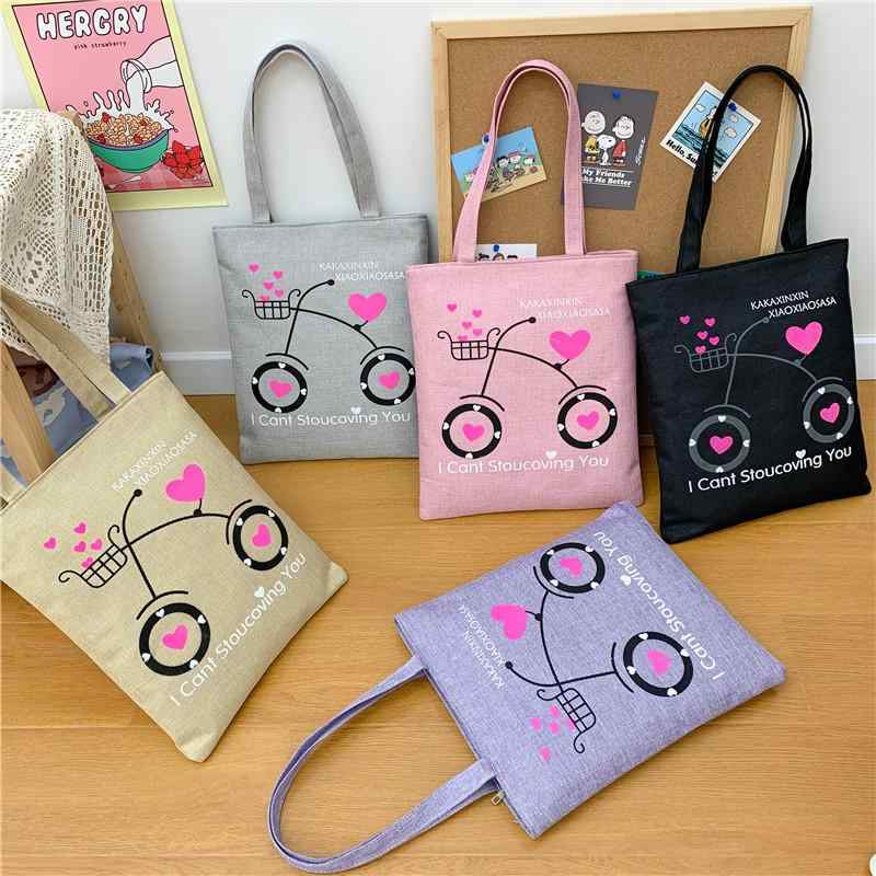 バッグ レディース 学生向け 綿麻キャンバス キャラクター かわいい おしゃれ パステルカラー ショルダーバッグ トートバッグ サブバッグ 通学 通勤 ショッピング エコバッグ ファスナー付き ダブルハンドル 縦型 スクエア 普段使い(4)