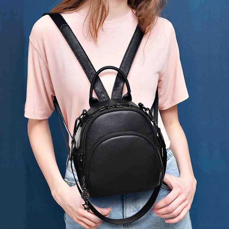 リュックサック バックパック レディース 女性用 防犯 耐摩耗 本革 牛革 ミニ 高級感 手提げ コンパクト 小さめ シンプル おしゃれ モダン デイリーユース 通勤 通学 ファスナーポケット スマホ収納 ブラック 黒