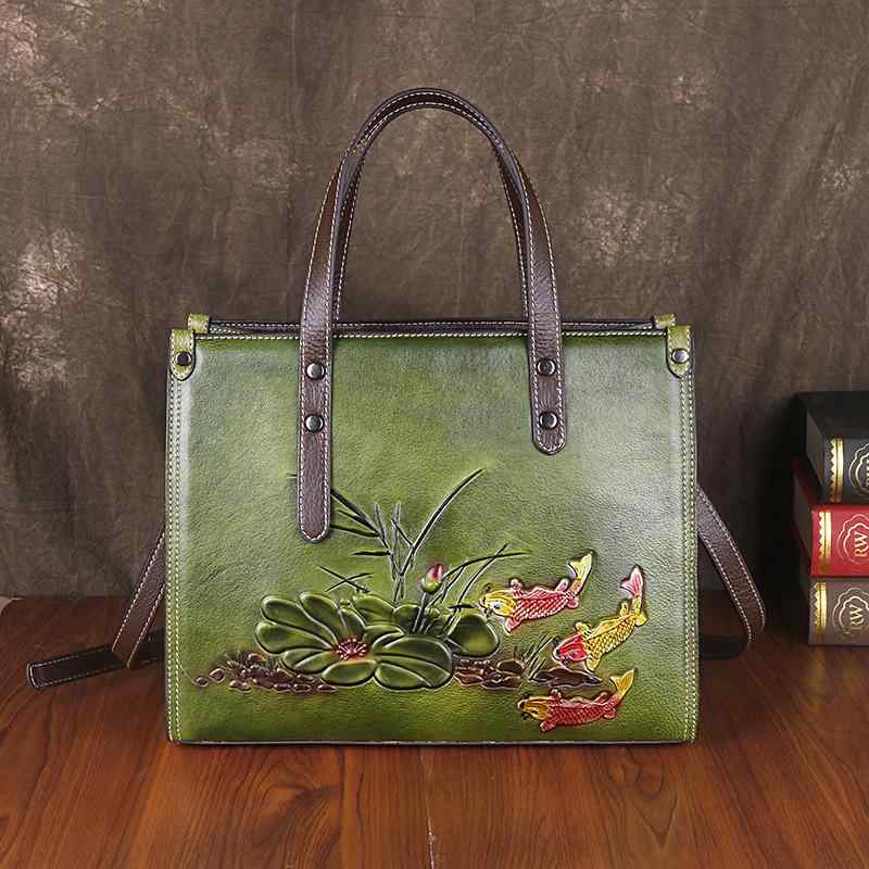 トートバッグ レディース 大容量 A4対応 本革 牛革 通勤用 レトロカラー 着色型押し 縦型 スクエア 柔らか 上質 ファスナー開閉 肩掛け ワンショルダー 春夏 デイリーユース(4)