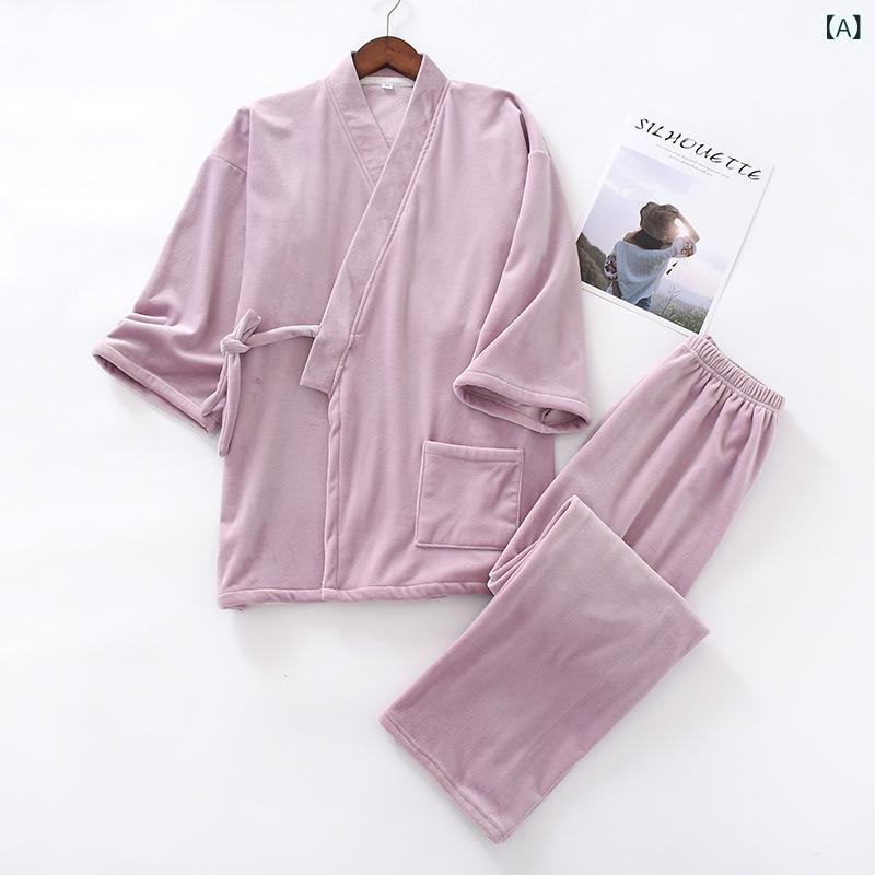 セキュアデポのパジャマ ルームウェア 保温性 厚手 フリース素材 あたたかい 通気性 快適 和風デザイン 無地 上下セット レディース メンズ カップル ペア 大きいサイズ 秋冬｜アングル2