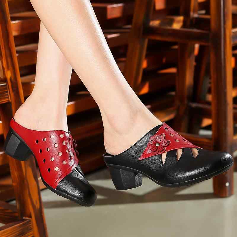 滑り止め 通気性 安定感 履きやすい 歩きやすい サンダル レディース ミセス向け 本革 天然皮革 太ヒール チャンキーヒール ゴム底 パンチング つま先カバー 花柄 フラワーモチーフ エスニック 民族調 普段使い お出かけ 旅行