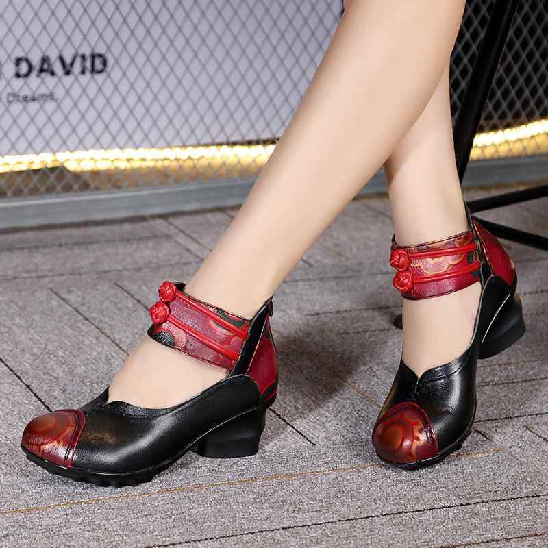 パンプス レディース ミセス 中高年 本革 エスニック柄 太ヒール ラウンドトゥ ミドルヒール 柔らかな履き心地 通気性抜群 スリッポン 普段使い 春夏秋