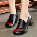 パンプス レディース 本革 レザー チャンキーヒール 太ヒール 高ヒール ラウンドトゥ 浅口 オフィス ビジネス 通勤 カジュアル レトロ ヴィンテージ エスニ...