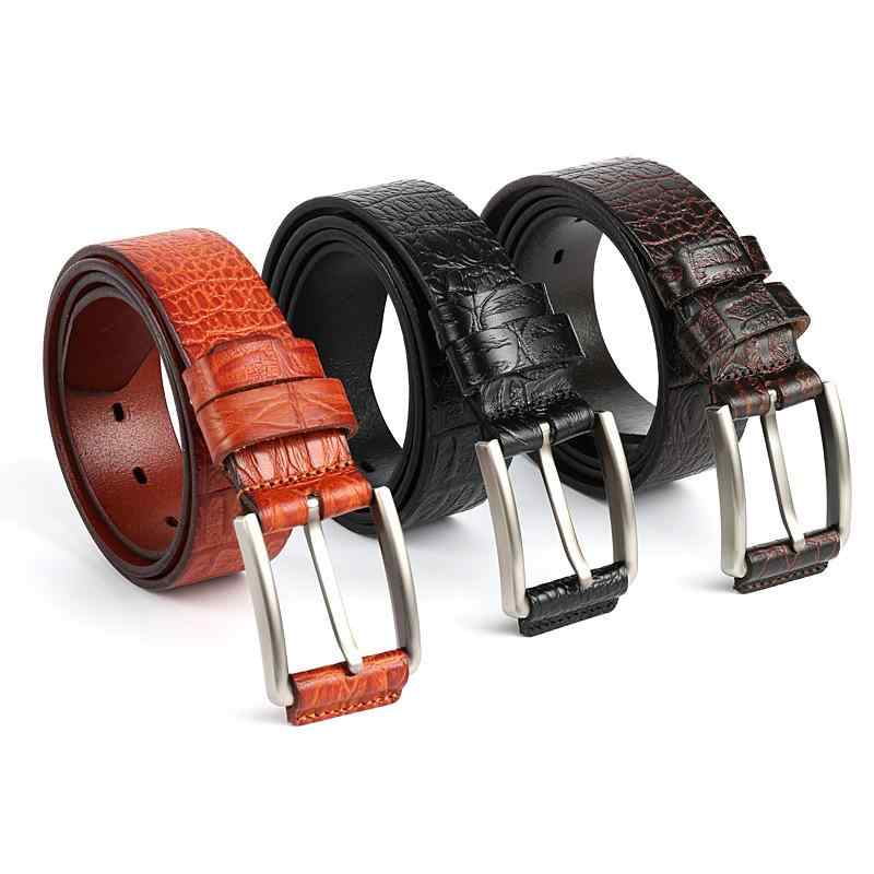 ベルト メンズ 男性用 本革 牛革 ピンバックル 型押し クロコダイル柄 ワニ柄 ビジネス カジュアル 通勤 黒 赤茶 ダークブラウン 個性的 シンプル