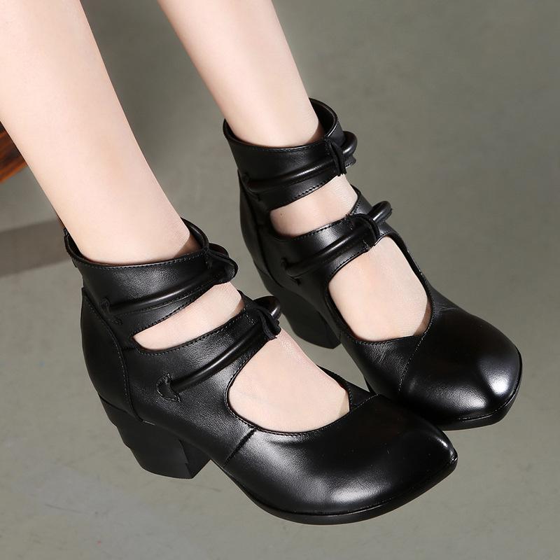 パンプス レディース ママ向け 本革 レザー 民族風 ポインテッドトゥ 太ヒール チャンキーヒール 手作り ハンドメイド 無地 浅履き 春夏秋 デイリーユース