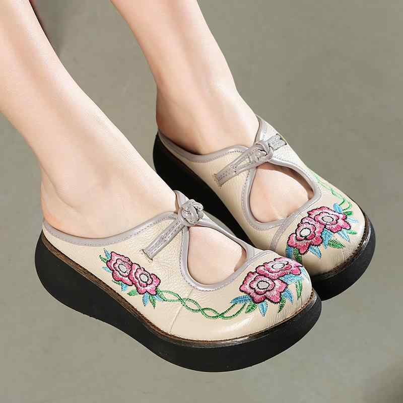 ミュール レディース 女性用 通気性 軽量 スリッポン 本革 ウェッジソール 厚底 ハイヒール レトロ ヴ..