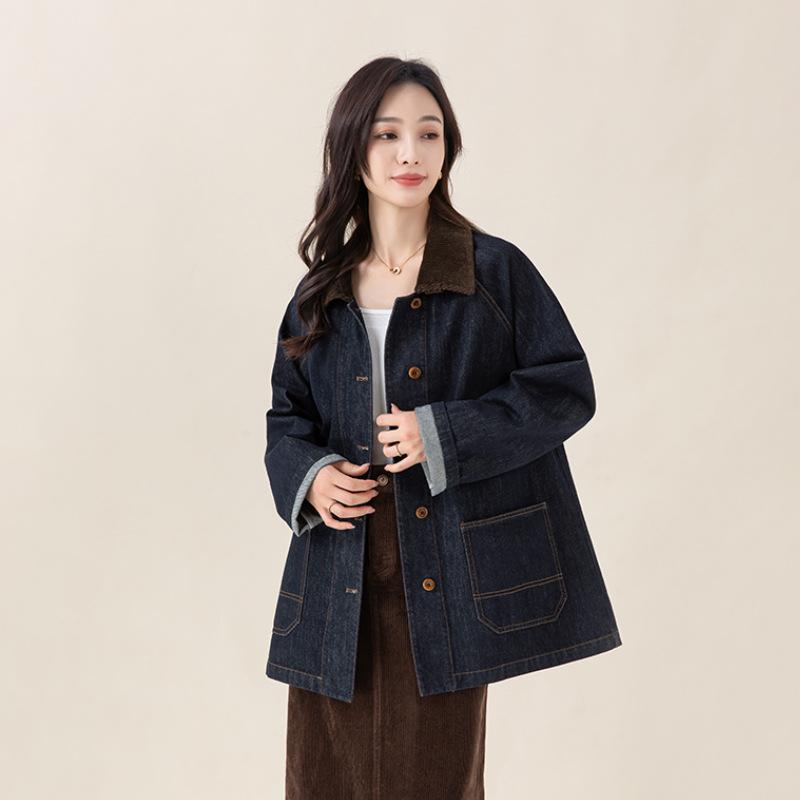 Gジャン レディース レトロ ヴィンテージ 配色切り替え コーデュロイ襟付き ストレッチ綿 再生繊維混 ゆったり ミドル丈 長袖 デニムブルー カジュアル 韓国ファッション