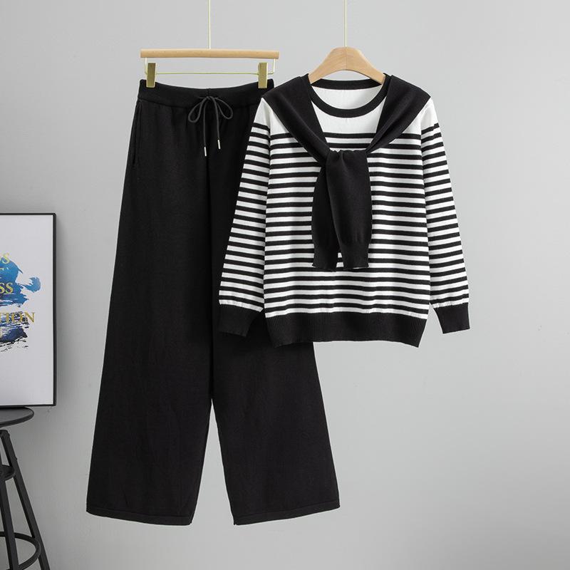 セットアップ レディース ニット ゆったり リラックス ストライプ柄 長袖 トップス ハイウエスト ワイドパンツ カジュアル きれいめ 通勤 春夏