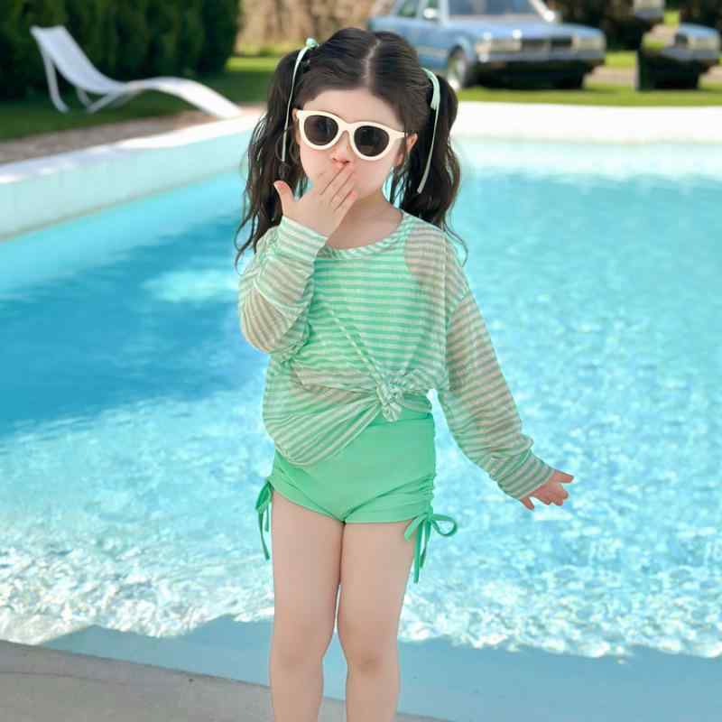 水着 女の子 キッズ 速乾性 通気性 長袖 ラッシュガード セパレート 3点セット ボクサーパンツ 海 プー..