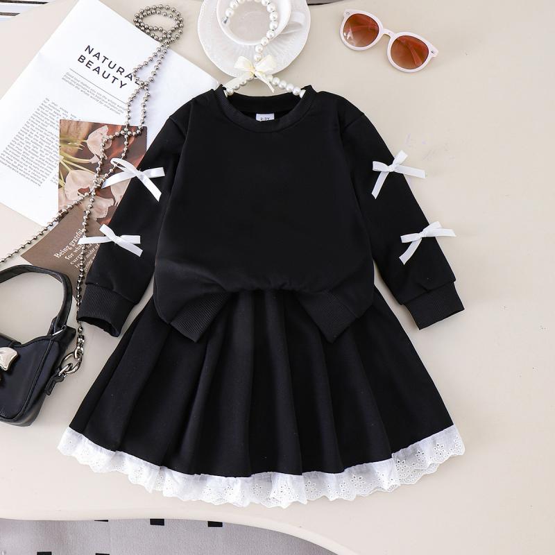 キッズ ガールズ セットアップ 2点セット 春秋 黒 欧米風 リボン 丸首 長袖 トレーナー レース ミニスカート 薄手 柔らかい コットン 普段着 お出かけ