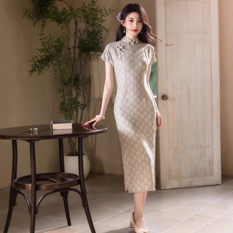 チャイナドレス レディース スタンドカラー 半袖 ストレッチ サイドスリット レトロ ヴィンテージ エレ..