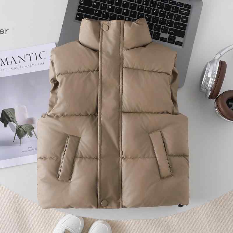 ベスト キッズ 男の子 女の子 秋冬 ラムレザー風 フェイクレザー フード付き ジップアップ 中綿入り 中厚手 アウター カジュアル デイリーユース 通園通学