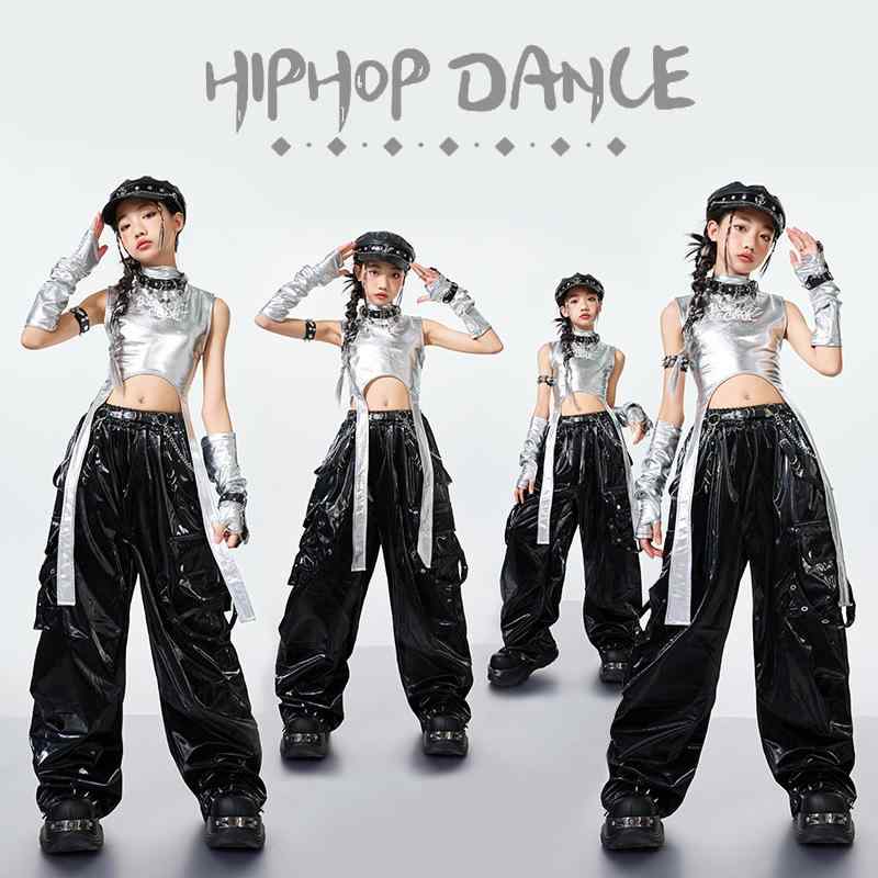 ダンス衣装 キッズ 女の子 ジャズダンス ストリートダンス ヒップホップ ソフトタッチ レザージャケット風 クロップド丈 セットアップ 上下セット シルバー クール 発表会 舞台 ステージ パフォーマンス イベント 練習着