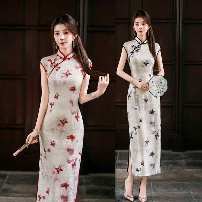 チャイナドレス レディース レトロ 改良 新中華風 ロング丈 ノースリーブ エレガント 上品 ポリエステル 伸縮性 微ストレッチ スタンドカラー 斜め襟 立体模様 スリット デイリー お呼ばれ パーティー 春夏(4)