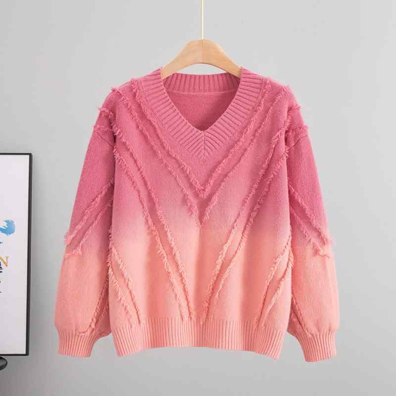 ニット レディース ゆったり Vネック グラデーション 配色 切り替え フリンジ セーター 上品 エレガン..
