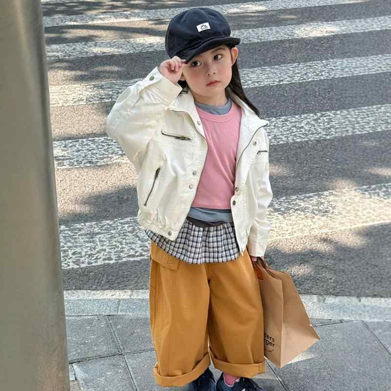 アウター キッズ 男女兼用 スタンドカラー ウォッシュ加工 ヴィンテージ ショート丈 韓国風 無地 柔らか加工 コットン ジップアップ ジャケット 春秋 通園 通学 普段着